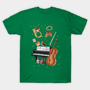 Christmas joy with singing robins and music instruments T-Shirt